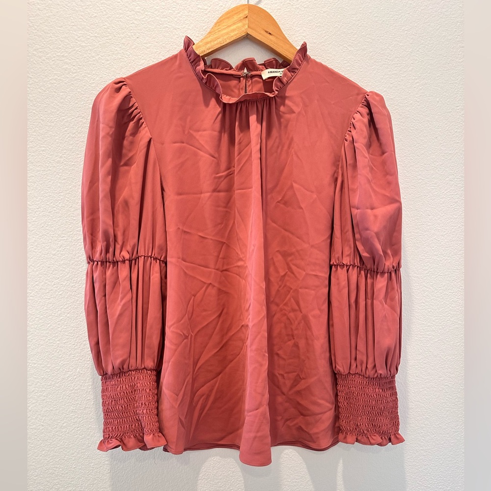 Amanda Uprichard Pink Mock Neck Tiered Long Sleeve Pullover Blouse Size S